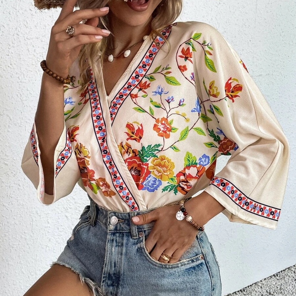 Boho Floral Print Surplice Bodysuit - Picture 1 of 7